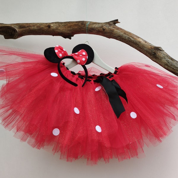 Déguisement enfant petite souris en tulle rouge à pois blanc et serre-tête assorti. costume Halloween, tenue d'anniversaire, cadeau de Noël.