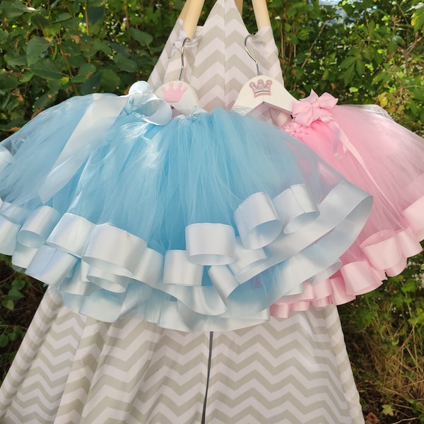 Promotion: tutu fille à ruban rose ou bleu, longueur du tulle 30 centimètres, taille ajustable, cadeau enfant d'anniversaire, tutu princesse