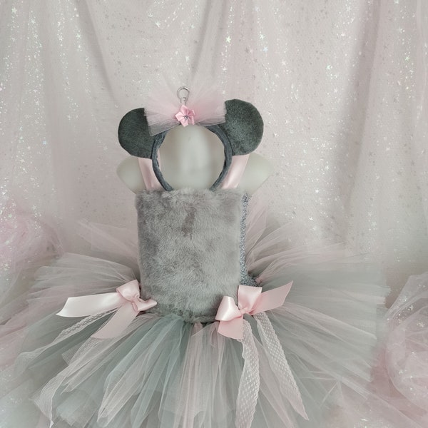 Gray and pink mouse tutu dress, baby costume in fur and gray tulle