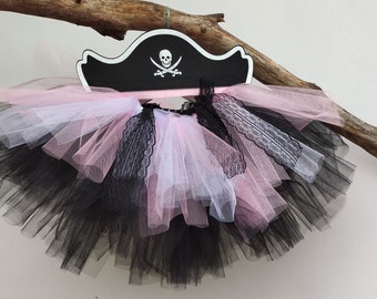 Déguisement bébé, jupe tutu petite pirate en tulle rose et noir, tutu d'anniversaire, costume Halloween ou carnaval, tutu de fête