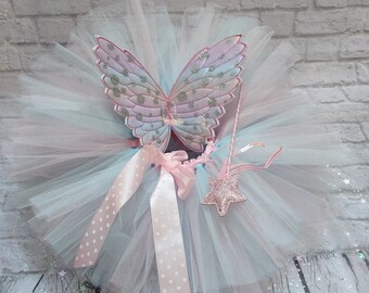 Déguisement de fée bébé, jupe tutu enfant aux couleurs pastels, tulle rose et bleu, ailes de fée. Tutu anniversaire, costume carnaval