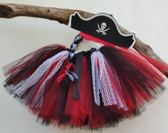 Jupe tutu pirate pour enfant, fête anniversaire pirate, costume Halloween, carnaval, jupe tutu rouge et noire avec bandeau