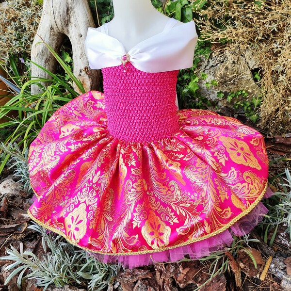 Robe de princesse la Belle au bois dormant, robe tutu fille fuchsia et dorée