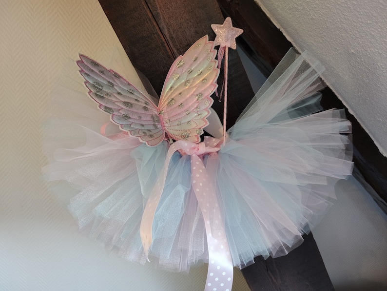 Feenkostüm, Tutu-Rock für Kinder in Pastellfarben, rosa und blauer Tüll, Feenflügel. Geburtstags-Tutu, Karnevalskostüm Bild 4