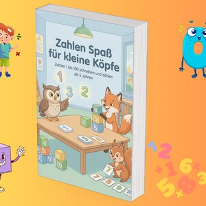 Op de afbeelding: Een educatief kinderboek getiteld "Zahlen Spaß für kleine Köpfe" met illustraties van een uil, vos en eekhoorn. De omslag van het boek bevat cijfers en de tekst "Zahlen 1 bis 100 schreiben und zählen Ab 5 Jahren."