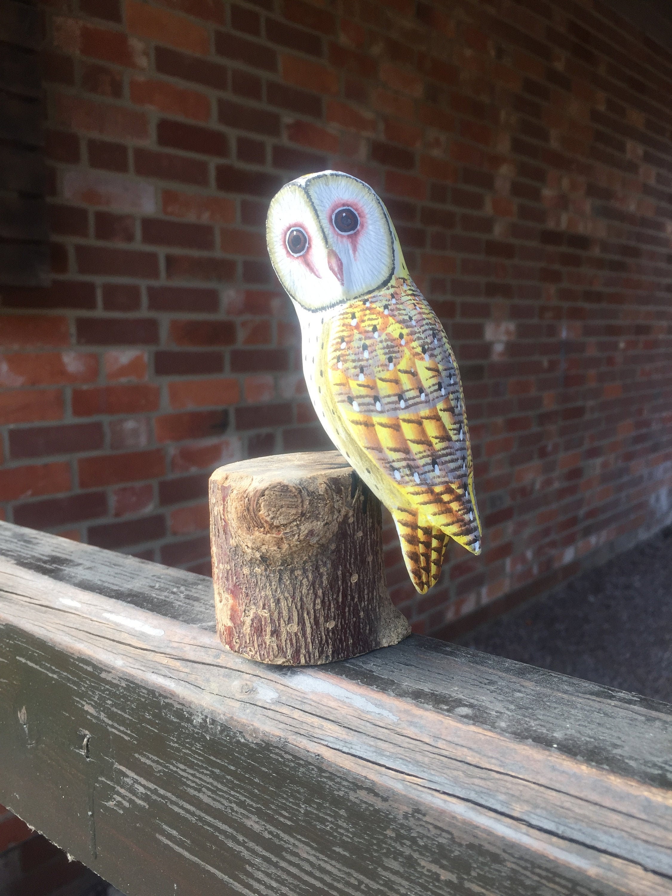 Hand Painted & Carved Wooden Barn Owl on a Little Tree Stump Etsy