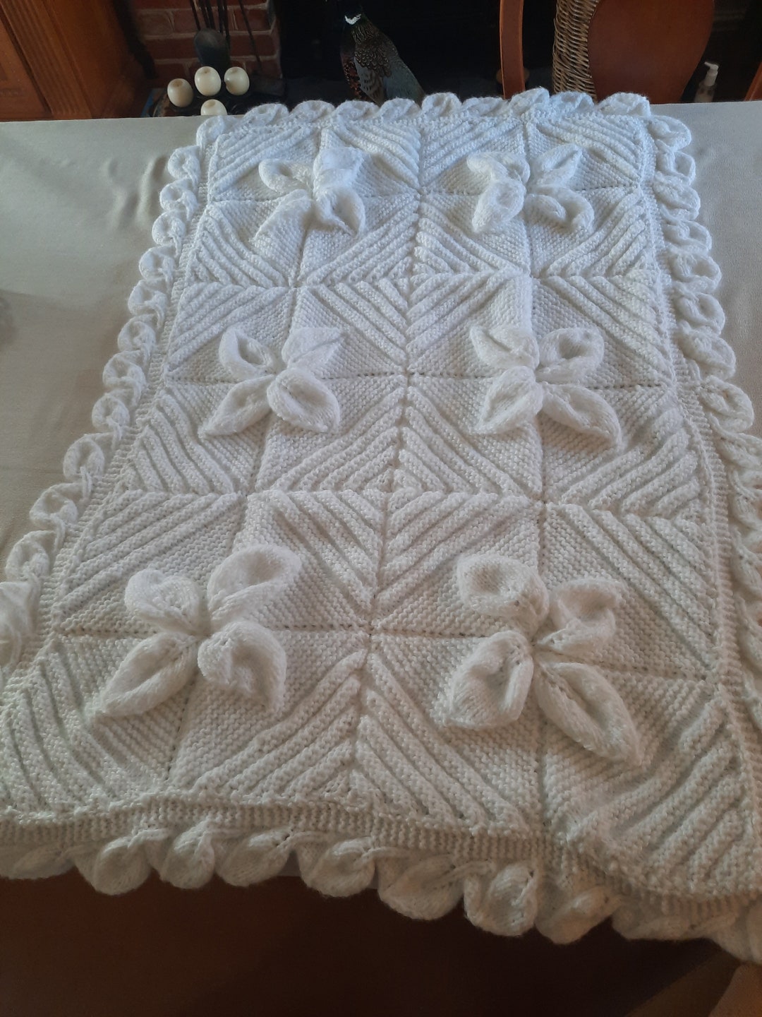 Cot Blanket White Hand Knitted Baby Cot Blanket Toddler Blanket Baby Shower Gift One of a Kind