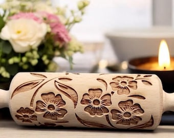 Floral 09 - personalized pin, Unique Cookie Embossers,  Embossed Cookie Rollers, pattern rolling pin, Bespoke Cookie Rollers, Engraved pin
