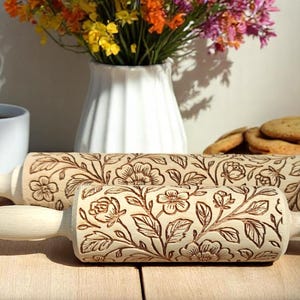 Floral 10 - personalized pin, Unique Cookie Embossers,  Embossed Cookie Rollers, pattern rolling pin, Bespoke Cookie Rollers, Engraved pin