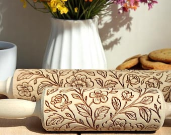Floral 10 - personalized pin, Unique Cookie Embossers,  Embossed Cookie Rollers, pattern rolling pin, Bespoke Cookie Rollers, Engraved pin