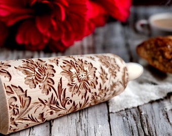 Floral 08 - personalized pin, Unique Cookie Embossers,  Embossed Cookie Rollers, pattern rolling pin, Bespoke Cookie Rollers, Engraved pin