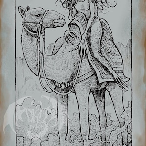 May include: Black and white illustration of a figure with horns and a crown riding a camel. The figure has long hair and is wearing a draped garment. The camel is adorned with ornate tack. The word "PAIMON" is at the bottom.
