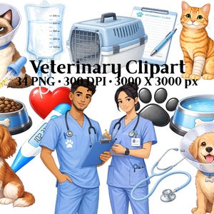 May include: Veterinary-themed clipart featuring a variety of animals, medical tools, and veterinary staff. Includes a grumpy cat, a golden retriever, and an orange tabby cat, all wearing cones. Also includes a pet carrier, IV bag, and a clipboard.