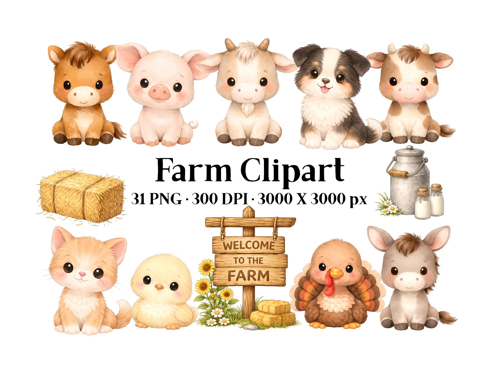 Watercolor Farm Animals Clipart Bundle, Barnyard Graphics (instant ...
