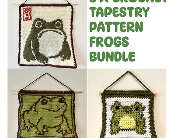 Frog Crochet Tapestry Pattern BUNDLE - 3 X Designs - Digital Download PDF | Silly Animal | Froggy | Nature | Green | Novelty Design