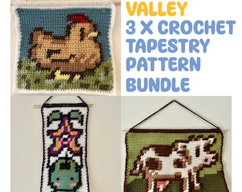 Patrón de tapiz de crochet de Stardew Valley (paquete de 3) - Descarga digital en PDF / Pollo / Vaca / Junimo / Animalito / Videojuego acogedor