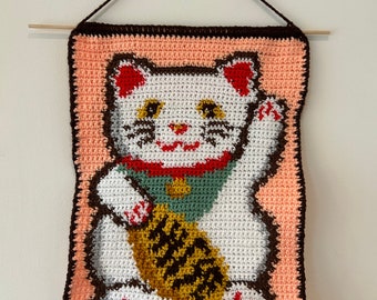 Lucky Cat Crochet Tapestry Pattern - Digital Download PDF | Chinese | Asian | Symbol | Good Luck | Fortune | Wall Hanging | Cute