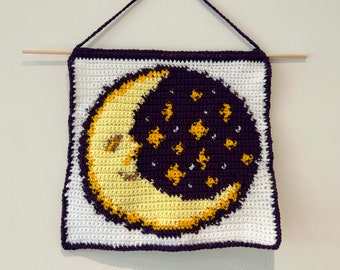 Moon and Stars Crochet Tapestry Pattern - Digital Download PDF | Wall Hanging | Celestial Artwork | Nighttime | Night Sky | Cute