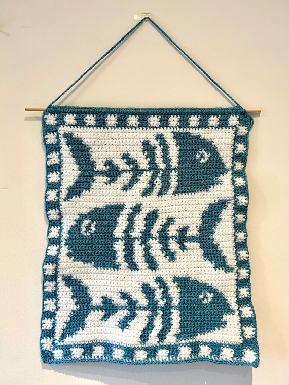 Fish Bone Crochet Tapestry Pattern - Digital Download PDF | Fish Bones | Fishy | Trendy | Beginner | Easy | Blue | White