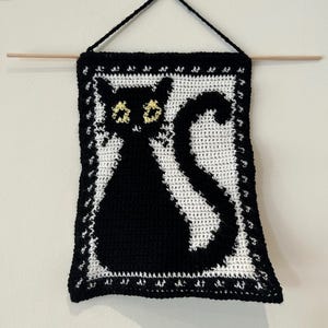 かわいい黒猫のハロウィンかぎ針編みタペストリーパターン - デジタルダウンロード PDF