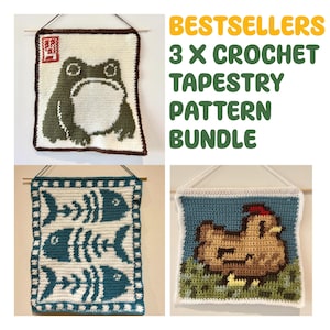 May include: A set of three crochet tapestry patterns featuring a frog, fish bones, and a chicken. The patterns are titled "Bestsellers 3 x Crochet Tapestry Pattern Bundle".