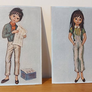 Vintage 60s &#39;F. Idylle Jolylle&#39; style big eyed boy and girl prints