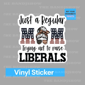May include: A white vinyl sticker with a red, white, and blue American flag design. The sticker says "Just a Regular Mom Trying Not to Raise Liberals".