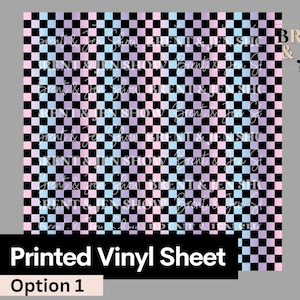 May include: Printed vinyl sheet with a black and white checkered pattern. The squares are filled with a gradient of pink, blue, and purple. The text "The Brent & Jen Show" is in the top right corner.