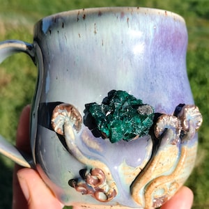 Crystal Mushroom Mug: Handmade Ceramic Pottery with Dioptase