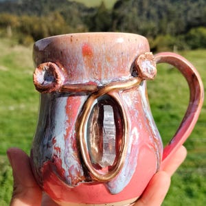 Smokey Quartz Crystal Mug: Luminous Mushroom Design, Gold Accents