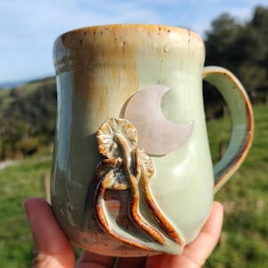 Rose Quartz Moon Mug: Handmade Ceramic Pottery with Mushroom Accents