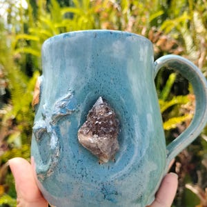 Crystal mug Smoky Spirit Quartz Pottery mug, blue dragon mug.Mineral crystal mug. Handmade mug.