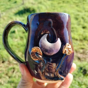Amethyst Moon Crystal Mug: Handmade Ceramic Pottery, Golden Mushrooms