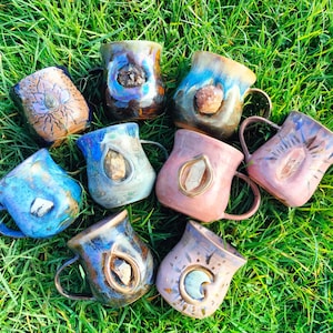 Custom Crystal Mug Handmade Pottery with Your Choice of Crystal & Design Sacred Functional Art. Deposit listing.