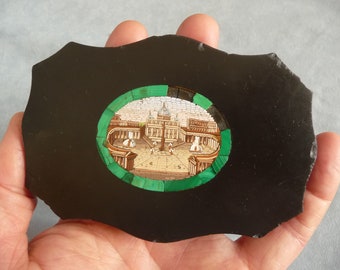 italian malachite inlay framed black slate base micromosaic view of St. Peters Square in Rome grand tour souvenir paperweight 19th c 1870s