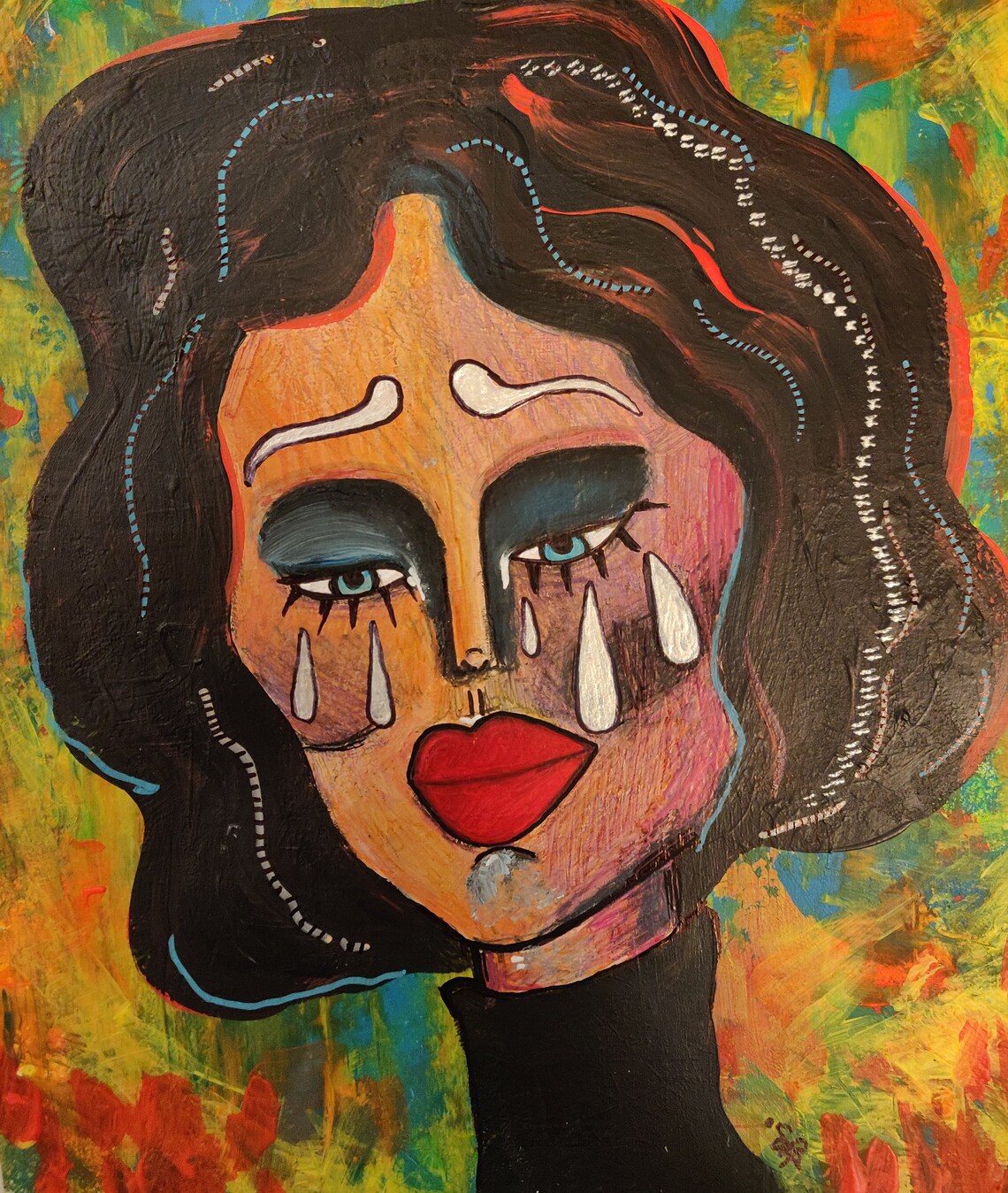 Crying sad abstract lady portrait original mixed media Etsy