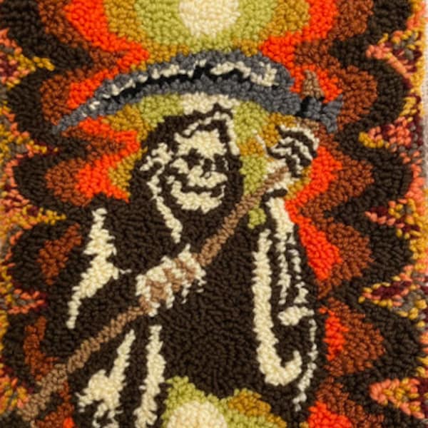 Grim reaper 1970's groovy rug wall hanging yellow brown green  MADE TO ORDER
