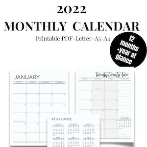 2022 Monthly Calendar 24 pages plus year at a glance page digital download only, Letter, A4, A5