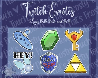 May include: Set of six Twitch emotes featuring characters and items from the Legend of Zelda video game series. The emotes include a blue ocarina, a green emerald, a gold key, a blue shield with the Triforce symbol, a yellow triangle with the Triforce symbol, and a blue fairy with the text "HEY!" in black.