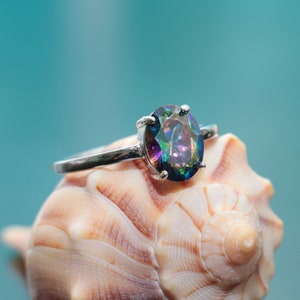 Oval Mystic Topaz Solitaire Ring, Sterling Silver Midnight Topaz Promise Ring, Rainbow Topaz Birthstone Ring | Perfect Promise Ring