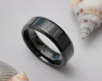 Minimalist Black Stainless Steel Band Ring, Beveled Edge Mens Wedding Band, 8 mm Matte Black Band | Perfect Promise Ring