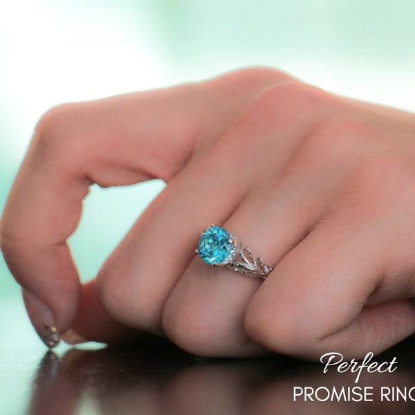 Ocean Wave Engagement Ring, Sterling Silver Ocean Blue CZ Diamond Alternative Ring, Ocean Bridal Ring | Perfect Promise Ring