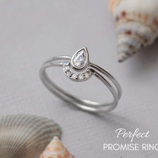 Dainty Teardrop Engagement Ring Set, Minimalist 925 Sterling Silver CZ Teardrop Promise Ring for Her | Perfect Promise Ring