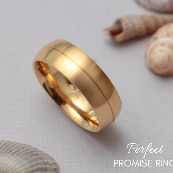 Modern Comfort Fit Gold Steel Unisex Thumb Ring, 7mm Domed Gold Plated Stainless Steel Wedding Band | Perfect Promise Ring