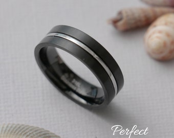 Banda plana de acero negro de ajuste cómodo de 7 mm, anillo de banda mate negro simple, banda de boda de acero inoxidable personalizada / anillo de promesa perfecto