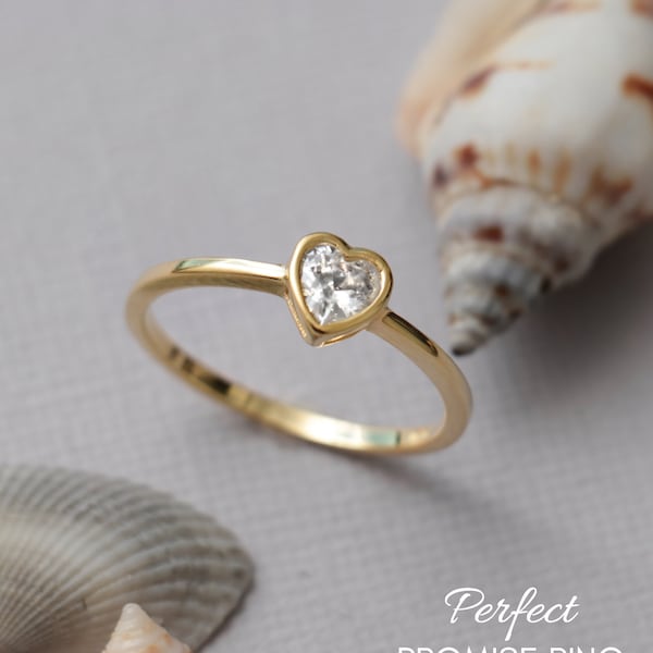 Heart Shaped CZ Diamond Engagement Ring, Gold Plated Heart Promise Ring, Bezel Set Cubic Zirconia Heart Ring | Perfect Promise Ring