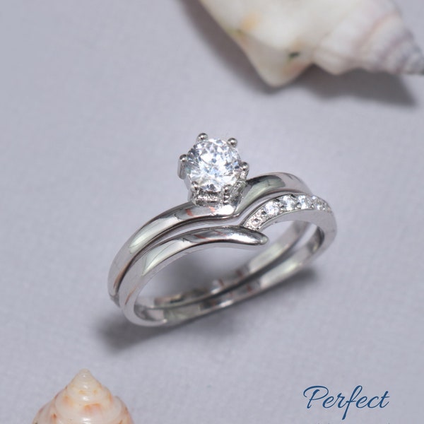 Modern Round Diamond Engagement Ring Set, Bridal Wedding Set, CZ Diamond Bridal Set, Sterling Silver Wedding Set | Perfect Promise Ring