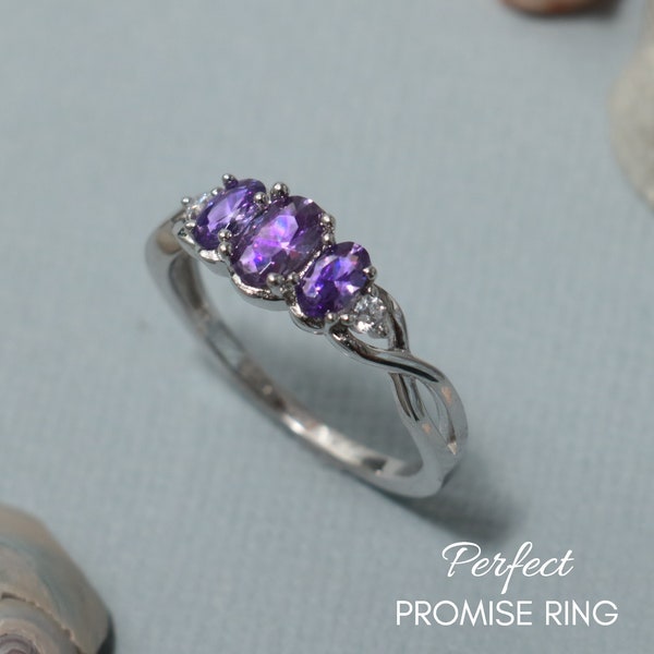Oval Three Stone Infinity Engagement Ring, Sterling Silver Amethyst Purple CZ Ring, 3 Stone Oval Cut Ring | Perfect Promise Ring