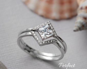 Art Deco Princess Cut Halo Engagement Ring Set, Sterling Silver Square Cut Wedding Ring Set, CZ Promise Ring | Perfect Promise Ring