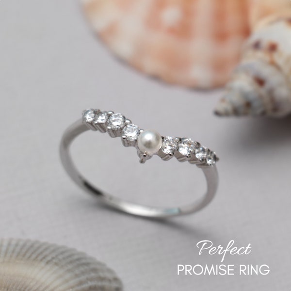 Pearl Curved Wedding Band, 925 Sterling Silver Contour CZ Wedding Ring, V Shaped Vintage Anniversary Ring | Perfect Promise Ring